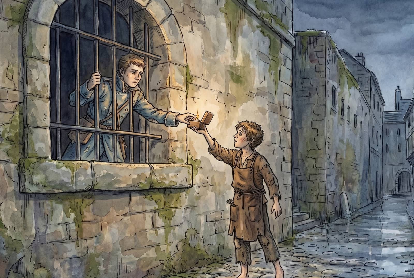 Zza żelaznych krat więziennego okna żołnierz sięga ręką po krzesiwo, które podaje mu z ulicy bosy chłopak w skórzanym fartuchu.