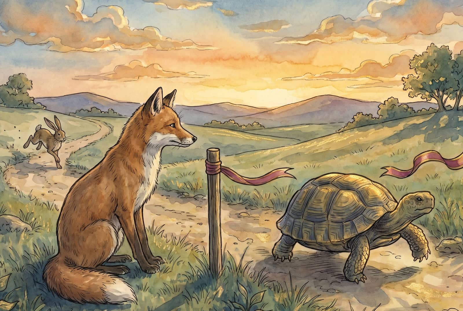 A fox sits by the ribboned finish post as the tortoise crosses over, while the hare still runs flat out, far down the sunlit path behind them.