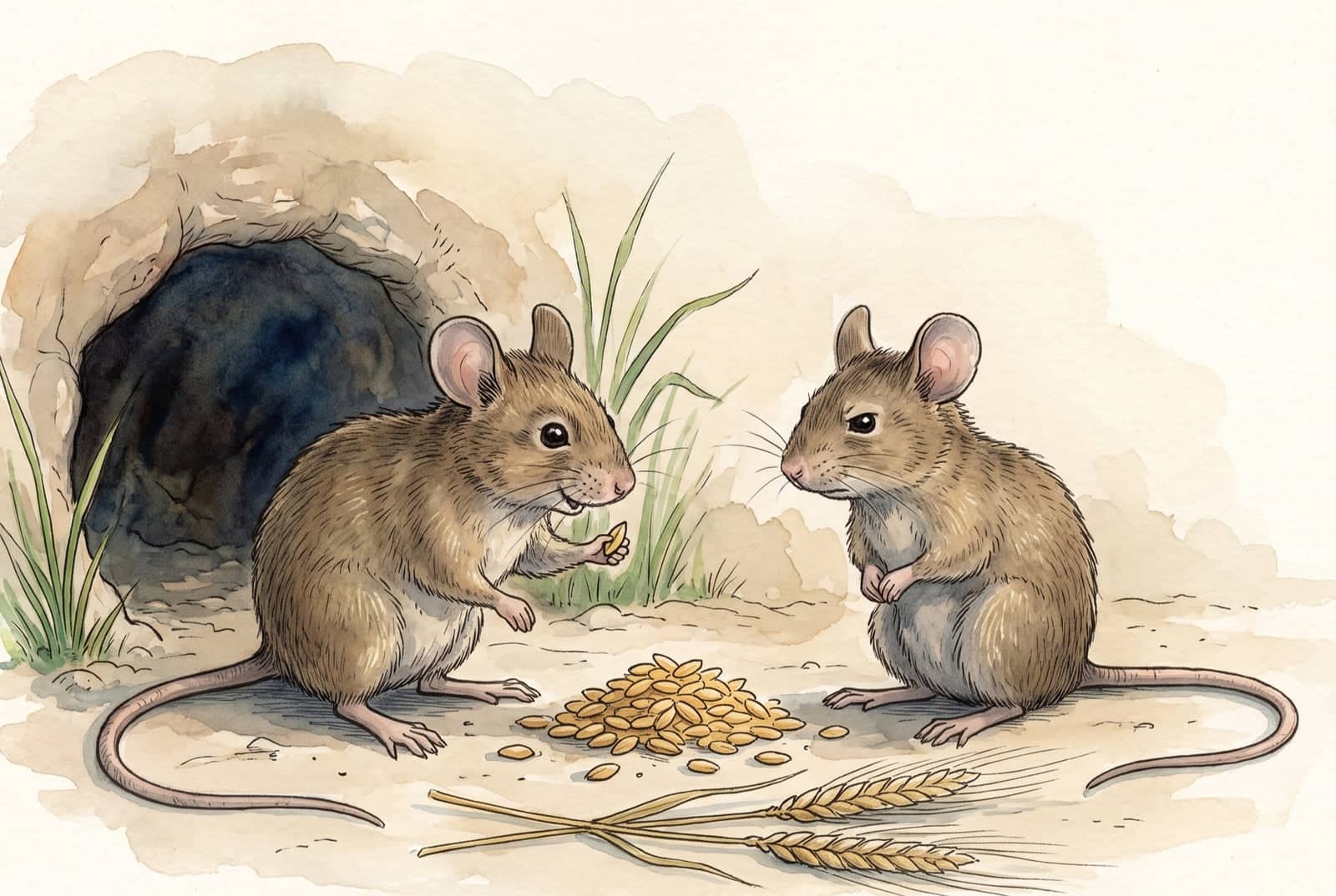 Dois ratos frente a frente na terra clara, na boca de uma toca escura: um leva um grão ao focinho, o outro olha. Entre eles, um monte de cevada e duas espigas.