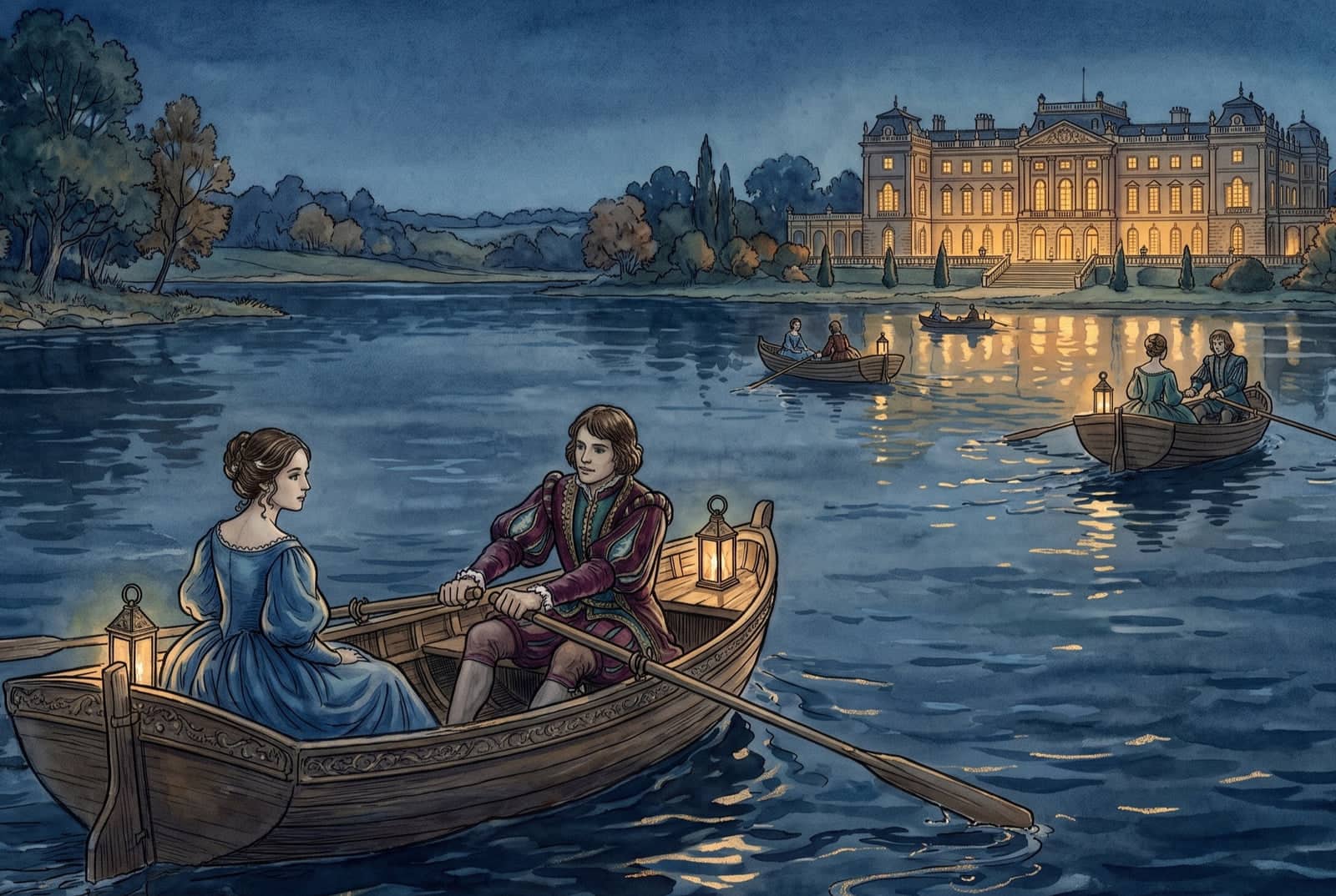 Ein Ruderboot mit einer Schwester und ihrem Prinzen gleitet über einen dunklen See, dahinter weitere Boote und ein hell erleuchtetes Schloss am Ufer.