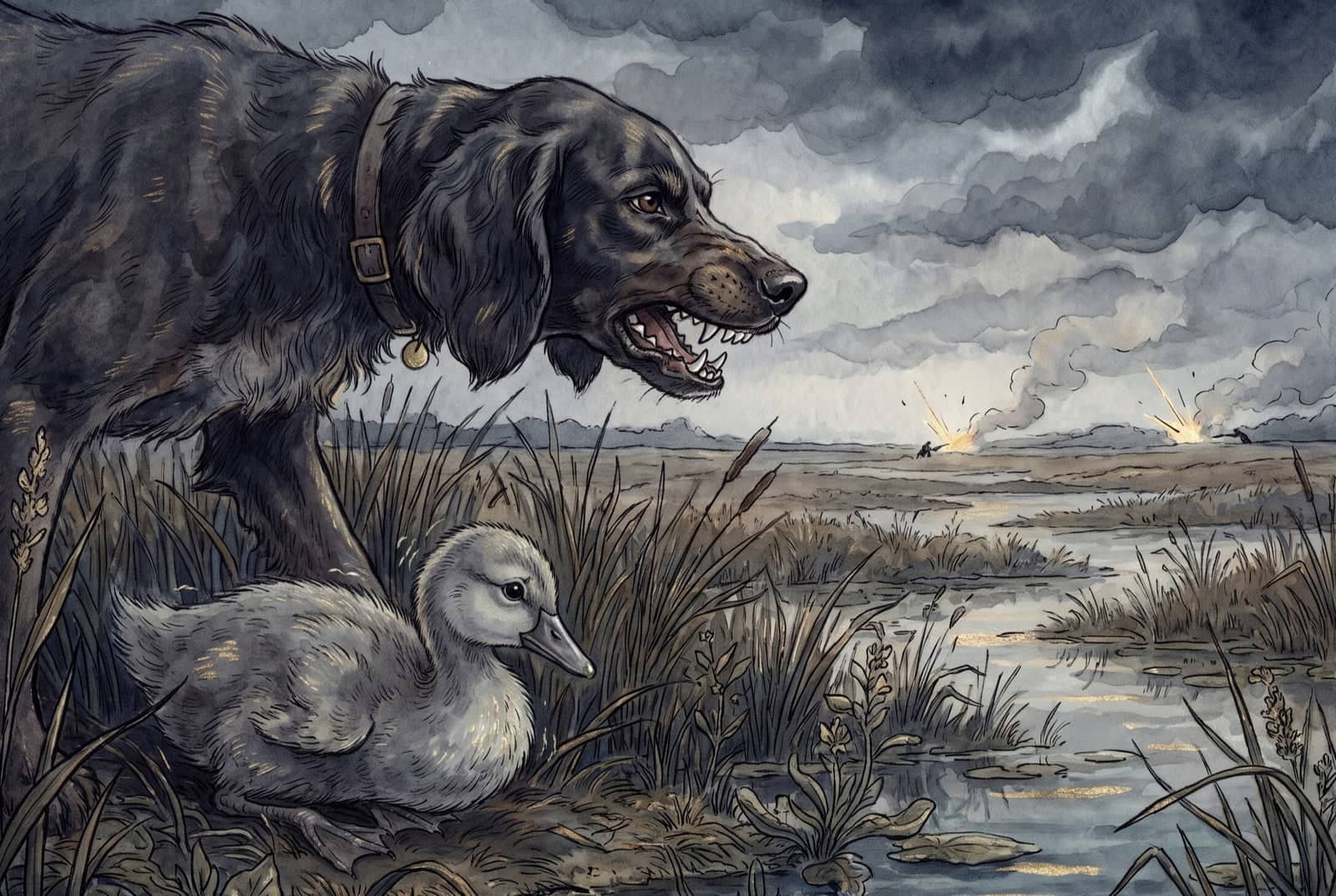 Um cão escuro de coleira mostra os dentes sobre um filhote cinzento deitado nos juncos; ao fundo, o brejo cinzento e clarões de tiros no horizonte.