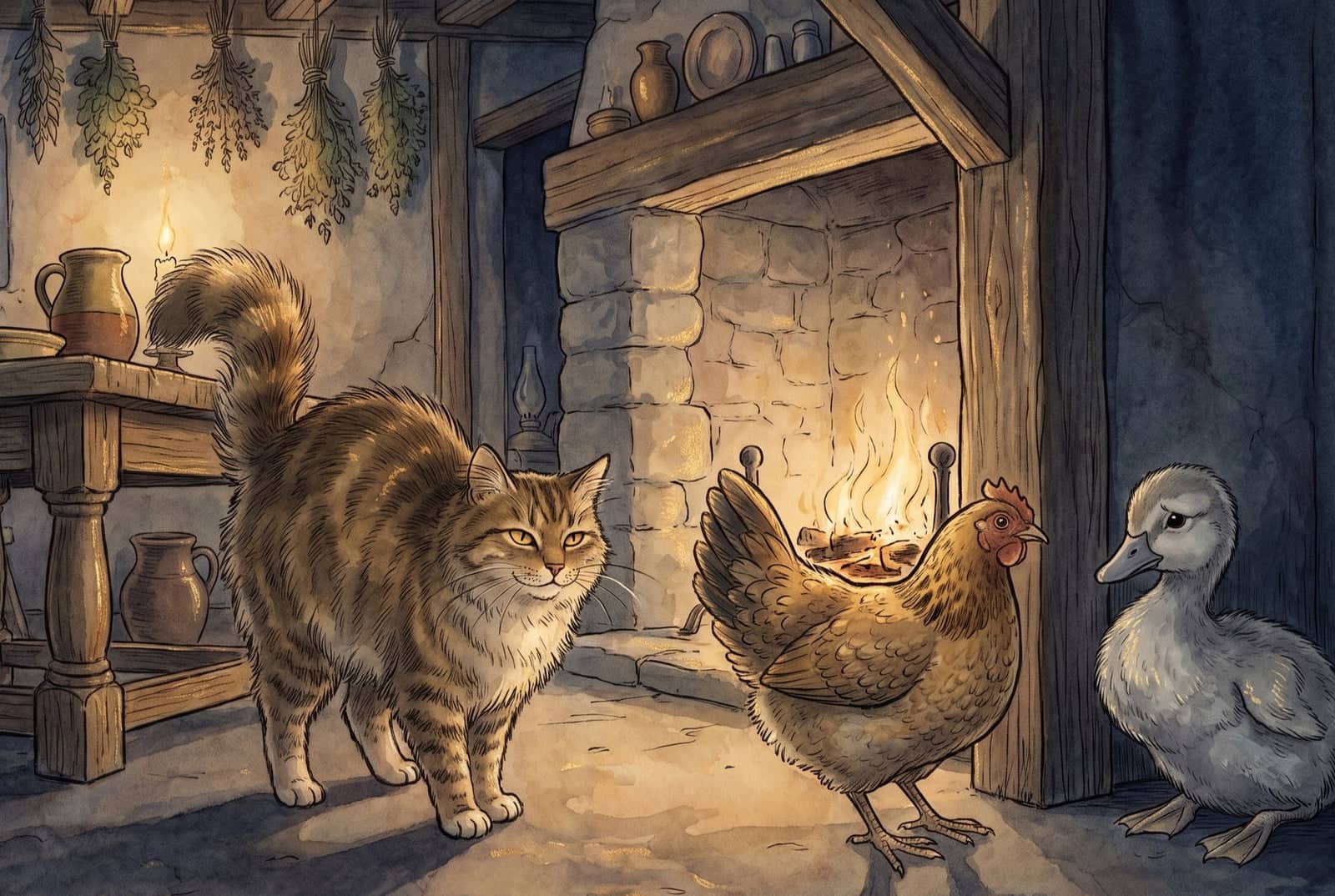 Na sala de uma casinha, um gato tigrado arqueia as costas junto à lareira acesa, a galinha marrom olha, e o filhote cinzento fica de lado, à porta.