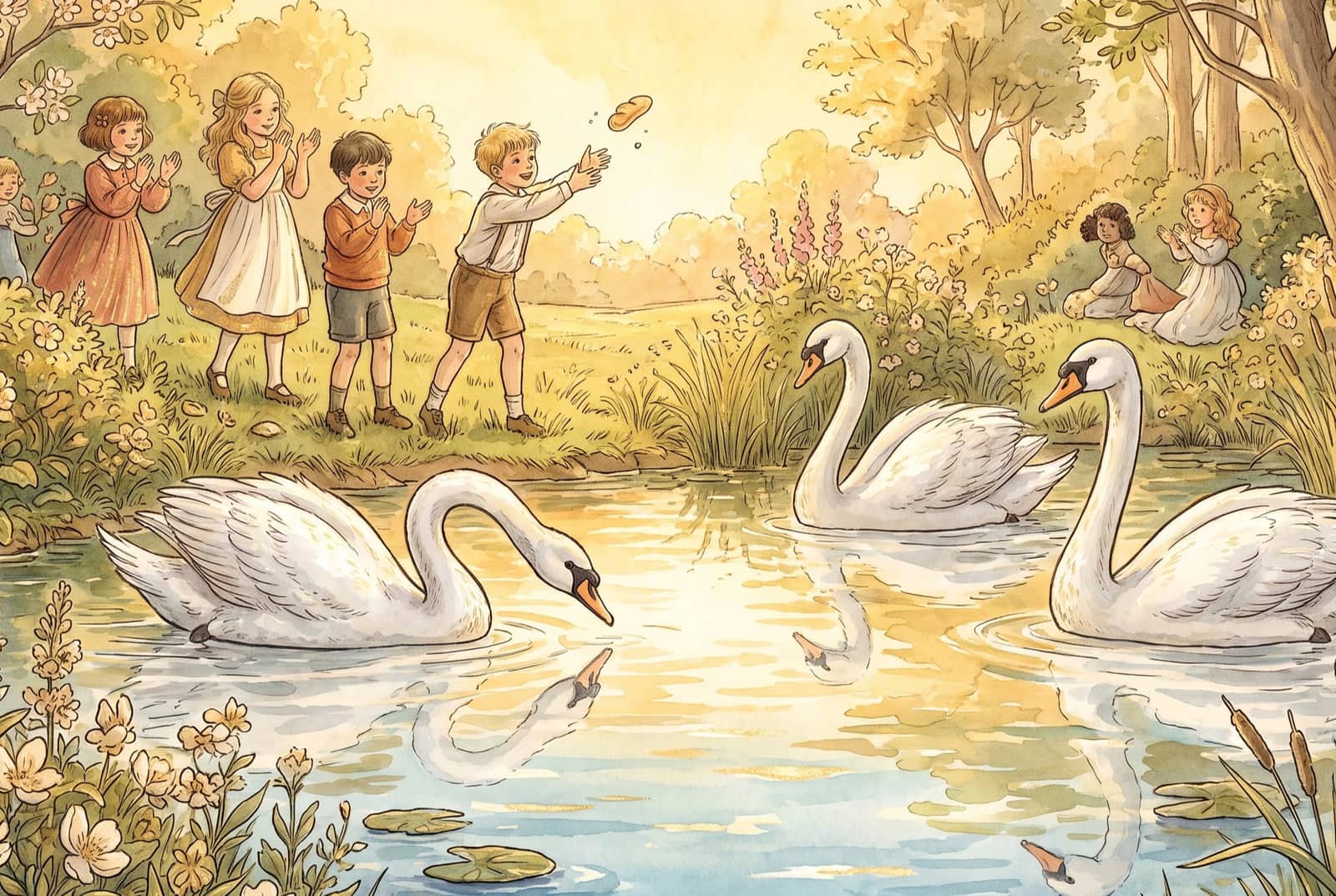 Três cisnes brancos deslizam no lago de um jardim; o da frente baixa o pescoço para o próprio reflexo enquanto crianças na margem batem palmas e jogam pão.
