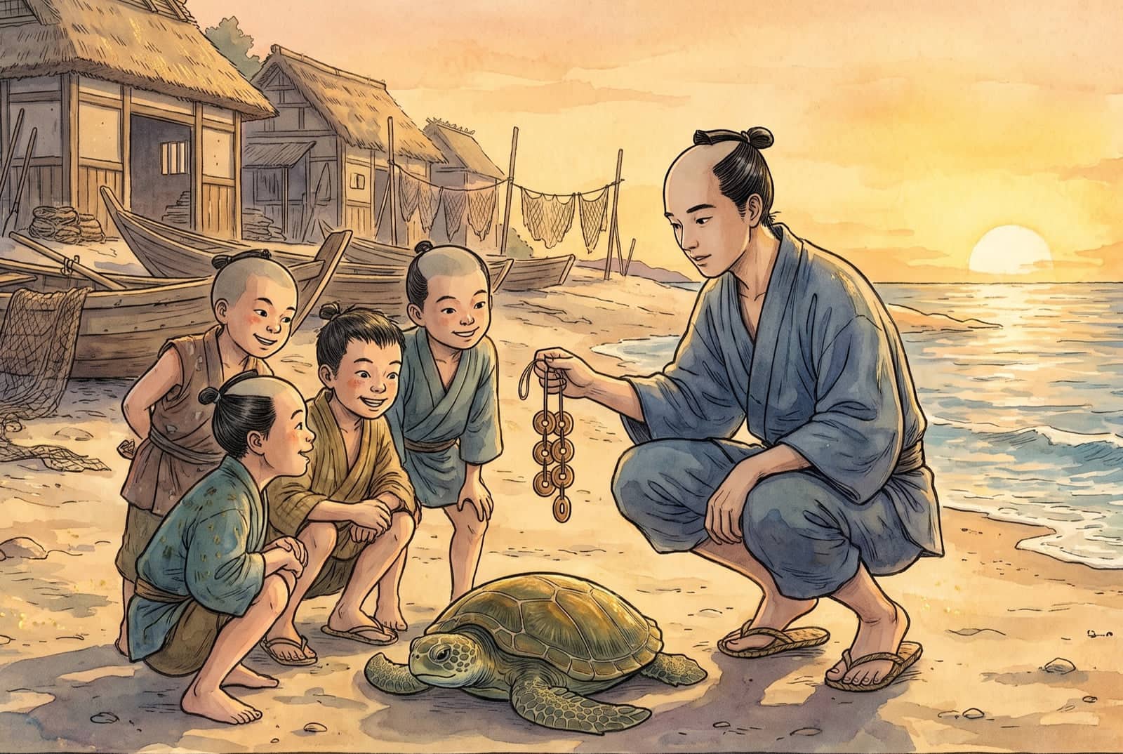 At sunset by a fishing village, a young fisherman squats on the sand and offers a string of coins to four grinning boys, a tortoise resting between them.