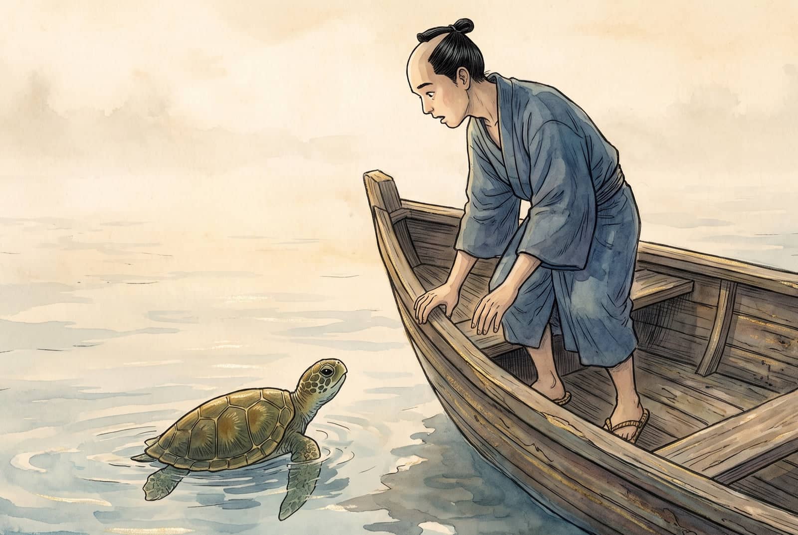 Urashima steht in seinem Boot und beugt sich erstaunt zu der kleinen Schildkröte hinab, die neben ihm aus dem stillen, dunstigen Meer den Kopf hebt.