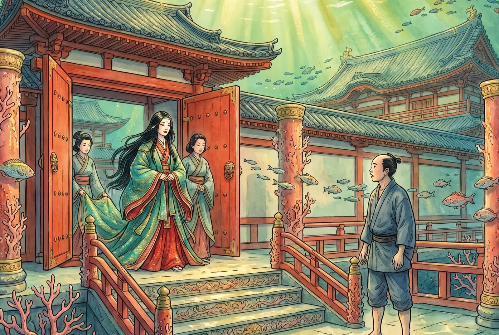 A princess with long black hair, in green and red robes, steps through red palace doors with two ladies while the fisherman stares up at her.