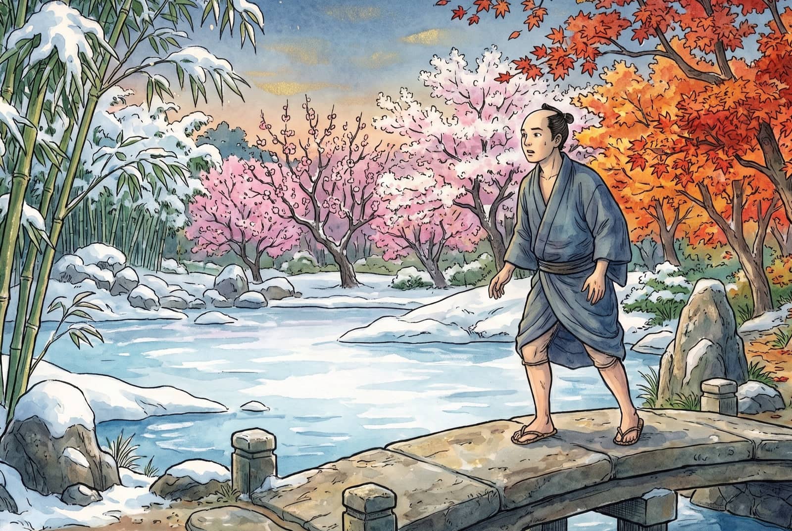 The fisherman stops short on a stone bridge over a frozen pond, with snow-laden bamboo, pink blossoming trees and red maples all around it.