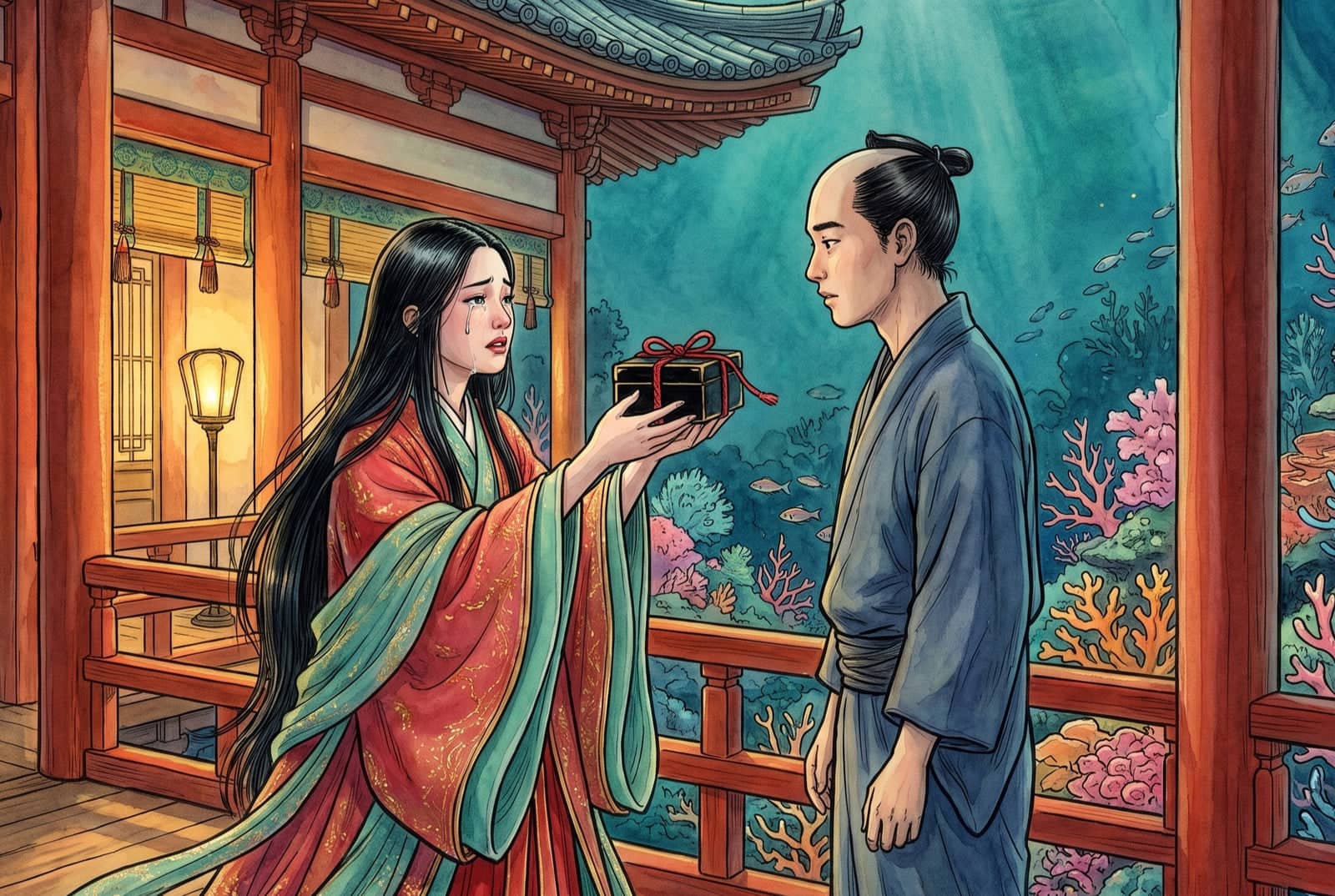 In tears, the princess holds out a black lacquered box tied with a red silk cord to the fisherman, on a palace veranda above a coral garden.