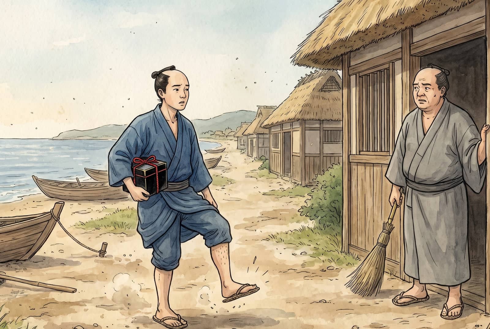 Holding the box under his arm, the young fisherman stamps one foot on a sandy village path while an older man with a broom stares from a doorway.