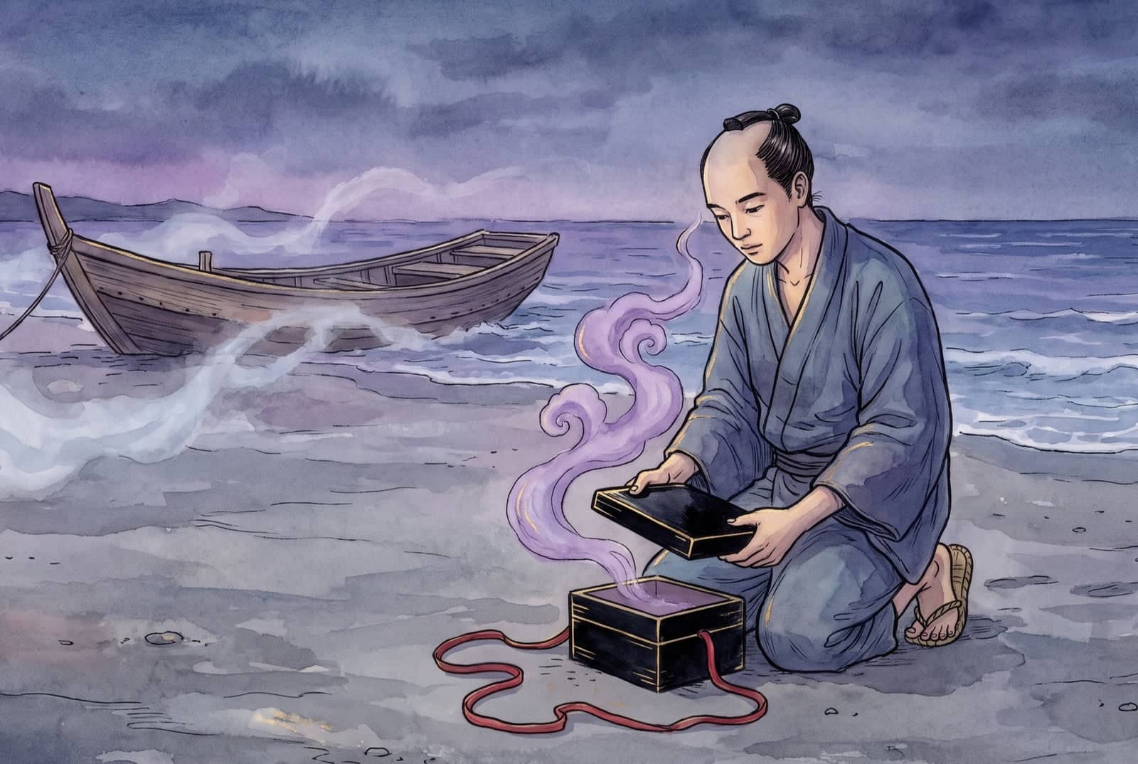 Urashima kniet am Strand und hebt den Deckel vom schwarzen Kästchen, die rote Seidenschnur liegt im Sand, und eine purpurne Wolke steigt in Schwaden auf.