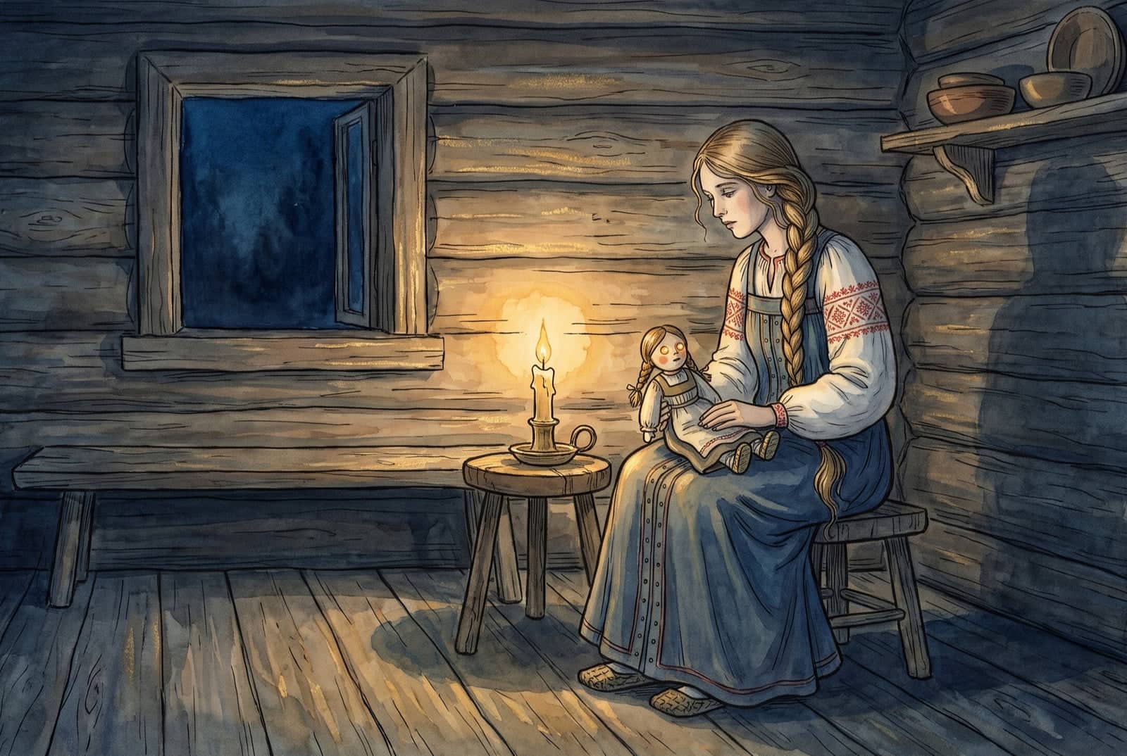 In a log room at night, a girl in a blue sarafan sits on a stool with a small cloth doll on her lap, its eyes glowing softly, a single candle beside her.