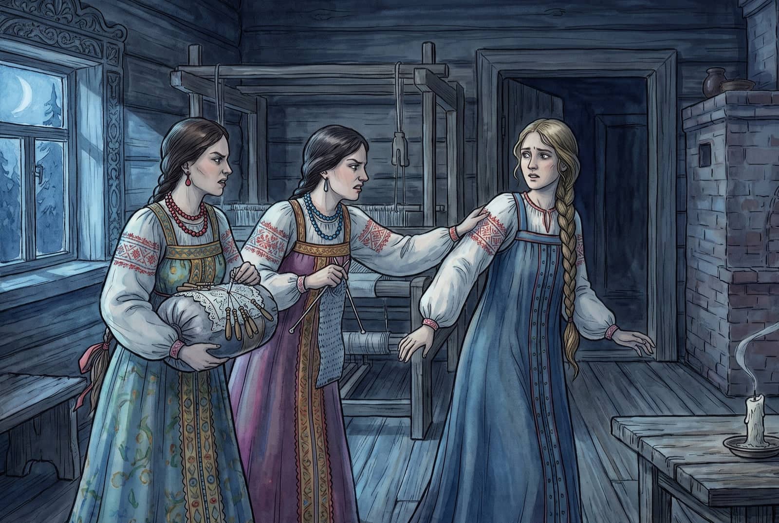In a dark log room by an empty loom, a scowling stepsister with knitting needles pushes a worried girl toward an inner doorway as the other hugs a lace pillow.