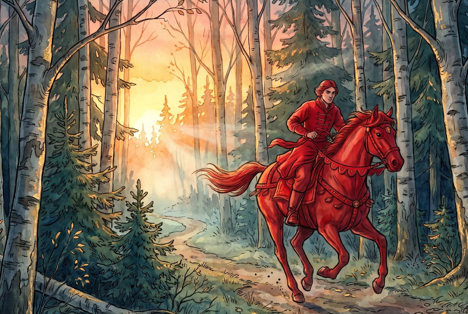 A young rider dressed all in red gallops on a red horse along a forest track as the sun rises golden through the birches and mist behind him.
