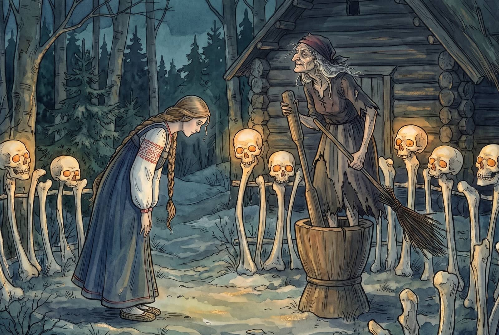At night a girl bows low to an old woman standing in a wooden mortar with a pestle and a broom, inside a fence of bones topped with skulls whose eyes glow.