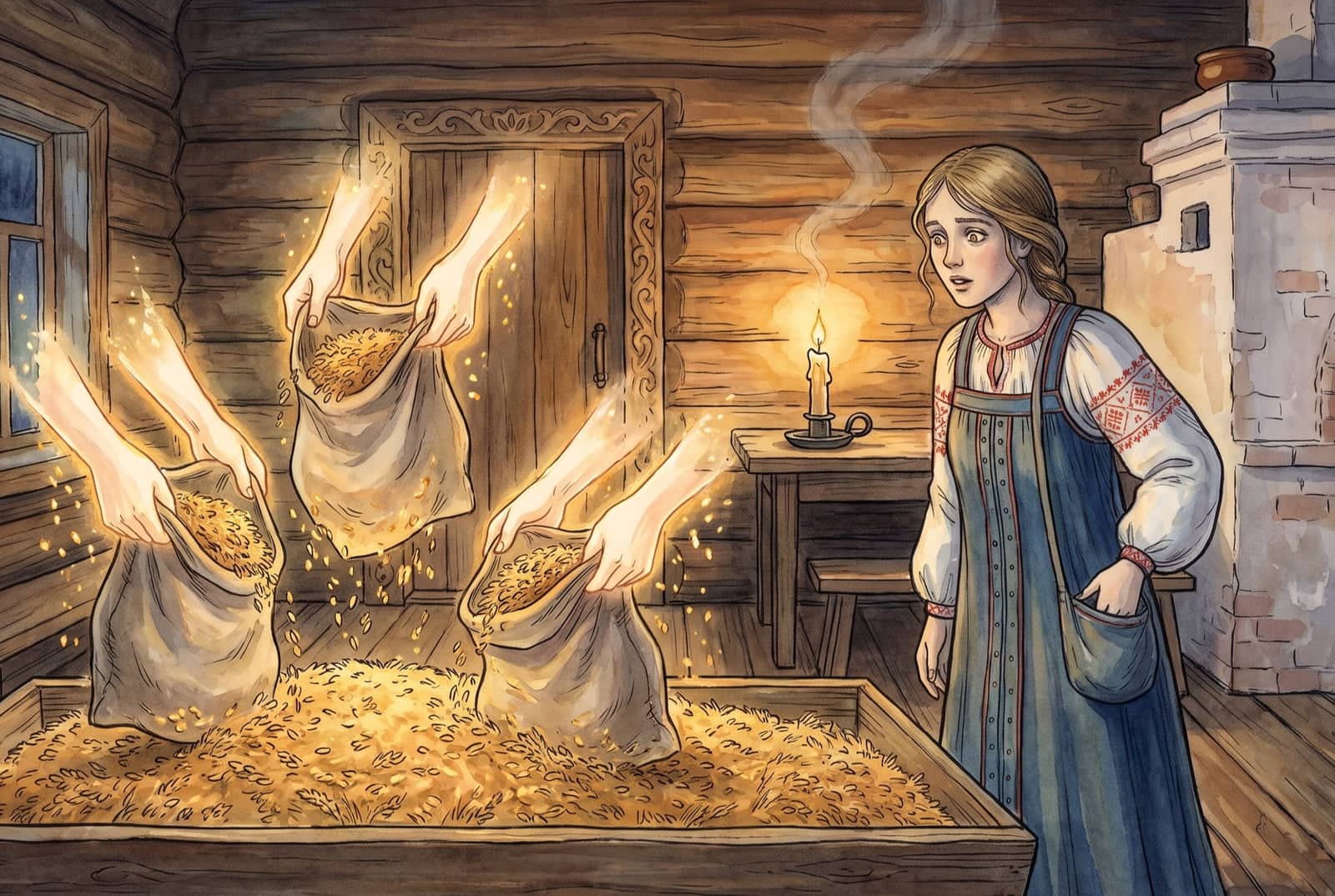 In a candlelit hut, a wide-eyed girl stands beside a bin heaped with wheat as three pairs of glowing hands with no bodies hold up three sacks of grain.