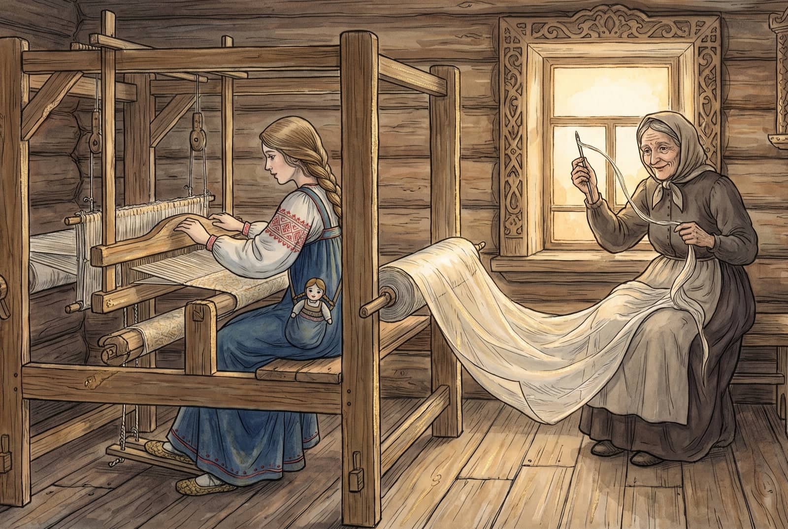 A girl weaves pale linen at a big wooden loom, the doll peeking from her pocket, while a smiling old woman by the window holds up a needle threaded with linen.