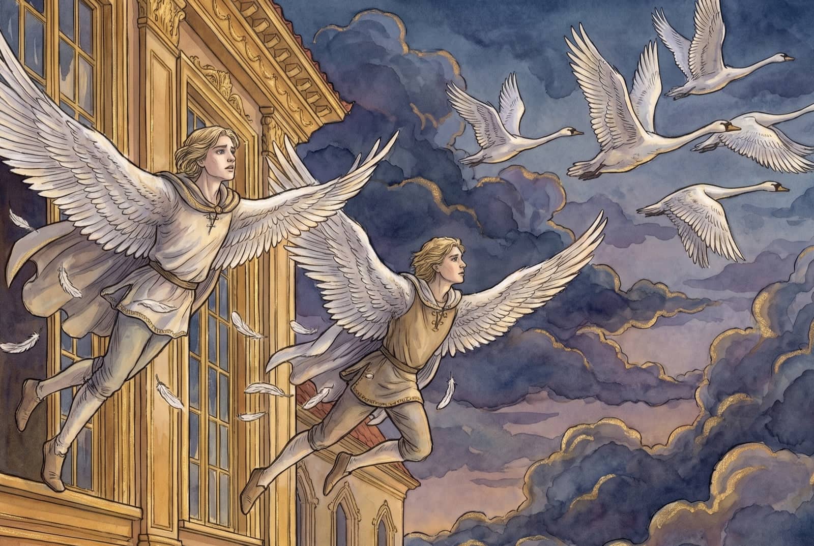 Dwaj młodzieńcy o ludzkich twarzach, z białymi skrzydłami wyrastającymi z pleców, wylatują z okien złoconego zamku, a przed nimi w burzowe niebo mkną łabędzie.