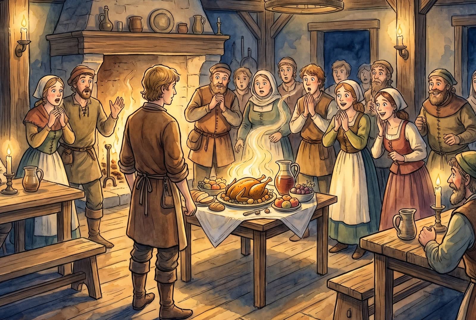 A young man in an apron stands at a small table spread with a cloth, a steaming roast, bread, fruit and wine, as the guests at the inn gasp and clap.