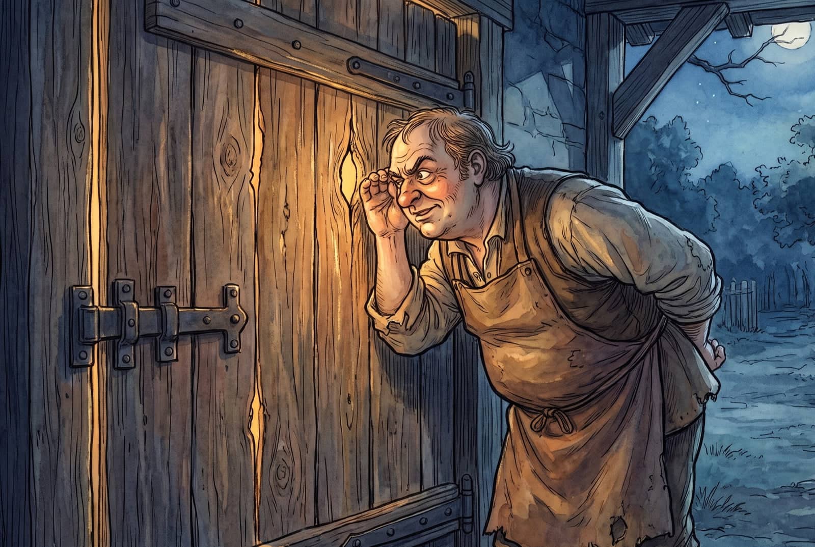 At night a stout innkeeper in an apron bends to the shut stable door and peers through a knothole, warm light leaking through the cracks in the planks.