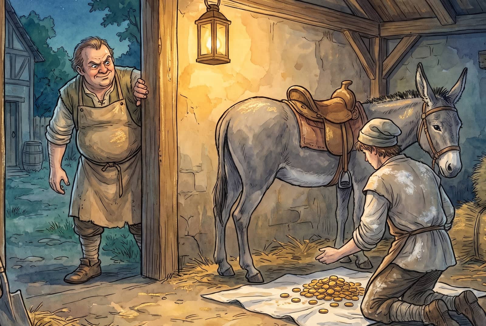 Der Wirt steht unbemerkt in der offenen Tür des erleuchteten Stalls und sieht zu, wie der Müllergeselle vor dem grauen Esel kniet und Goldstücke aufliest.