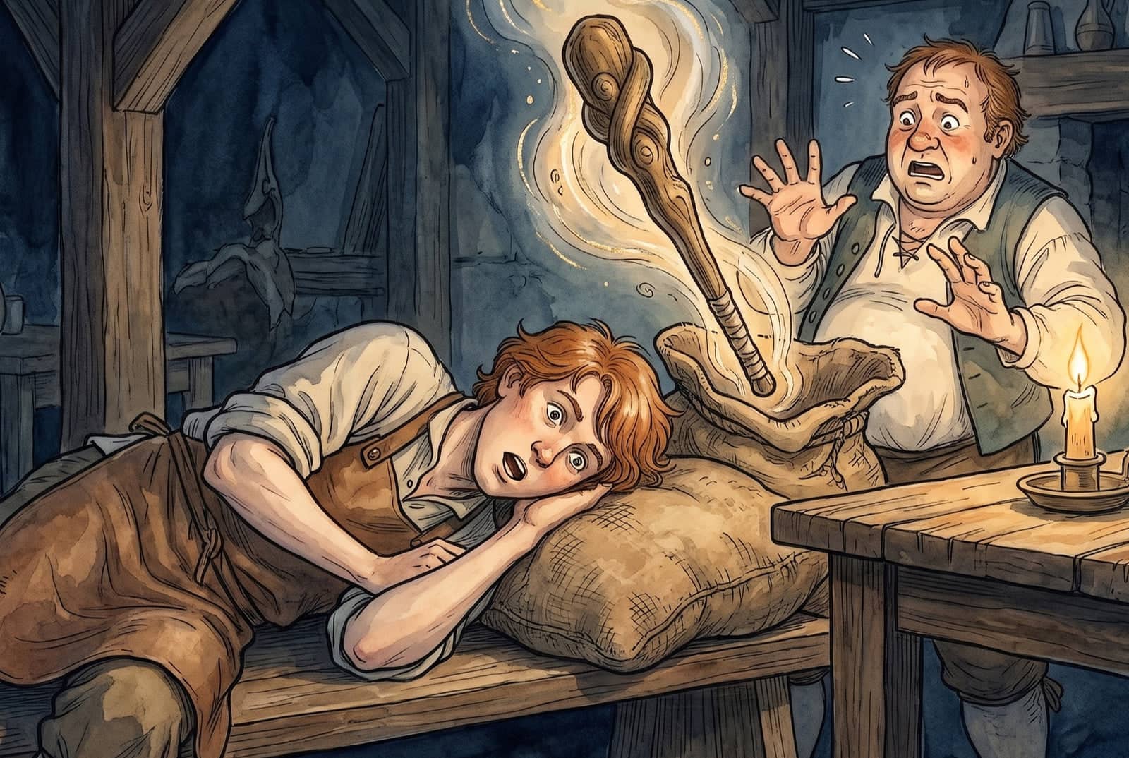 By candlelight the turner lies awake on a bench, his head on the burlap sack, and cries out as a cudgel bursts from it and the innkeeper recoils.