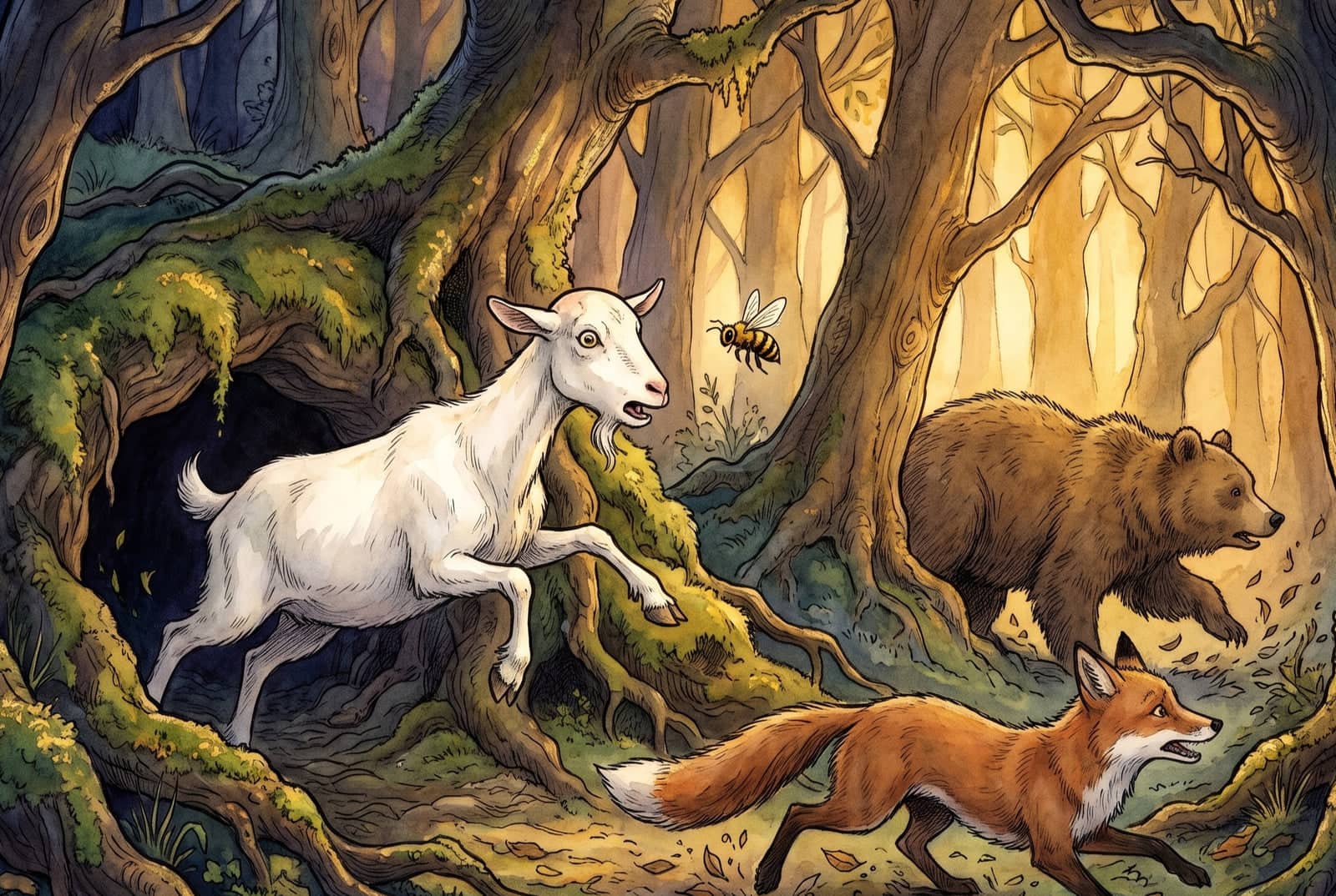 Eine weiße Ziege mit kahl geschorenem Kopf springt erschrocken aus einem moosigen Bau, eine Biene fliegt an ihrem Kopf, während Fuchs und Bär davonlaufen.