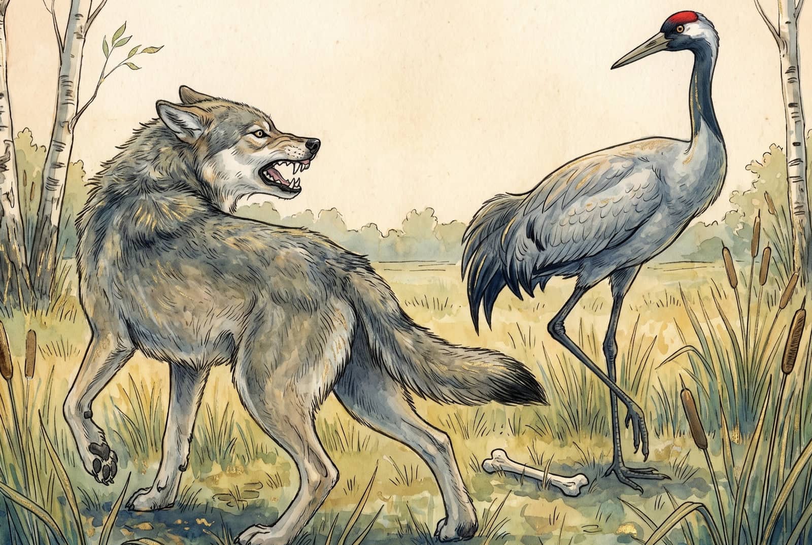 A gray wolf walks off, snarling back over his shoulder with bared teeth at the crane standing behind him, her bill empty; a white bone lies in the grass.