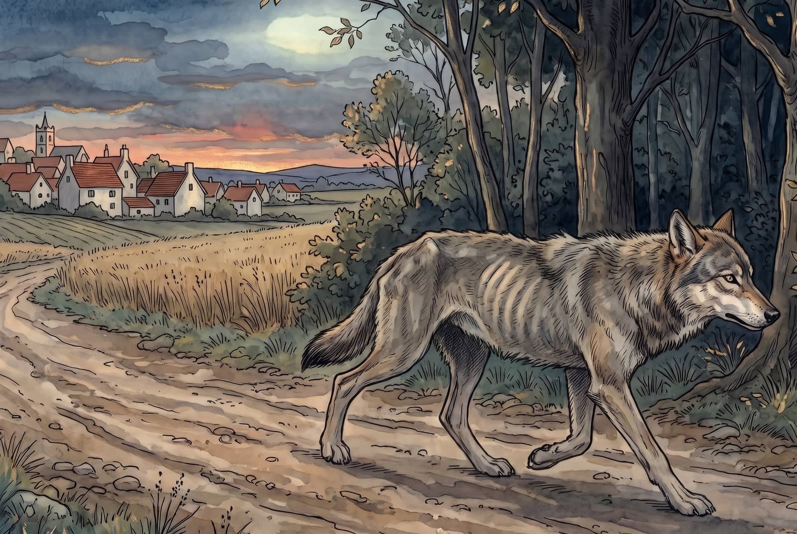 The thin gray wolf, his ribs showing, walks alone along the road toward the dark edge of the woods, with the town and its church tower small behind him at dusk.
