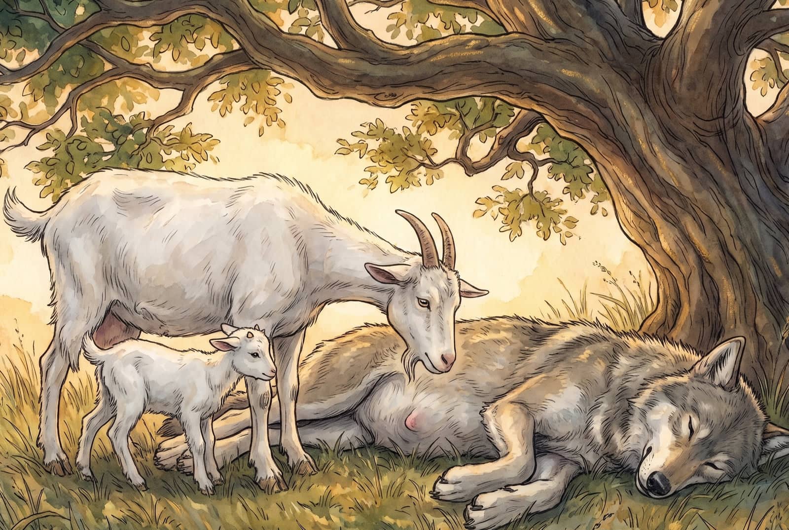 Debaixo de uma árvore grande e retorcida, a cabra branca abaixa a cabeça sobre o lobo adormecido, de barriga estufada, e um cabritinho branco espia ao lado.