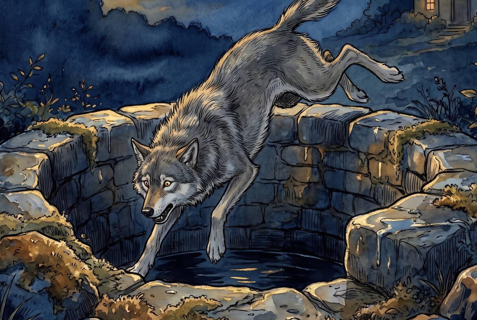De cabeça para baixo, o lobo despenca por cima do muro de pedra do poço em direção à água escura, as patas traseiras ainda no alto, sob o céu noturno.