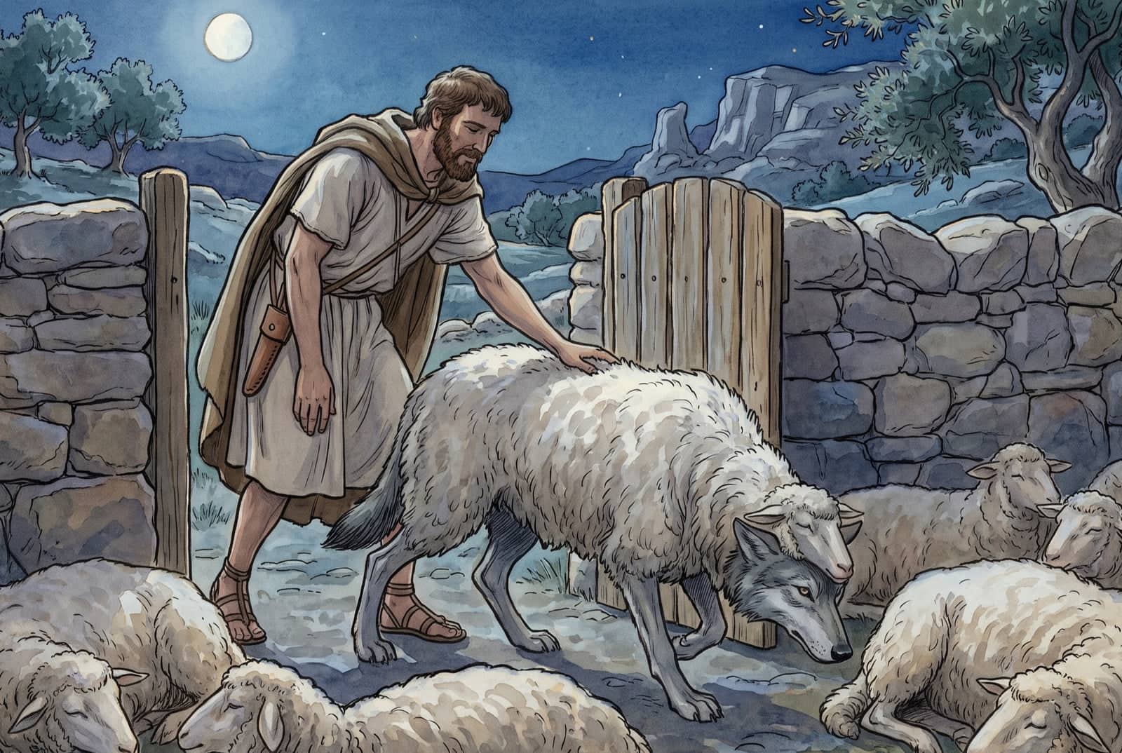 De noche, bajo la luna llena, el pastor se agacha en la puerta del corral de piedra y pone la mano sobre el lobo con piel de oveja, entre ovejas dormidas.