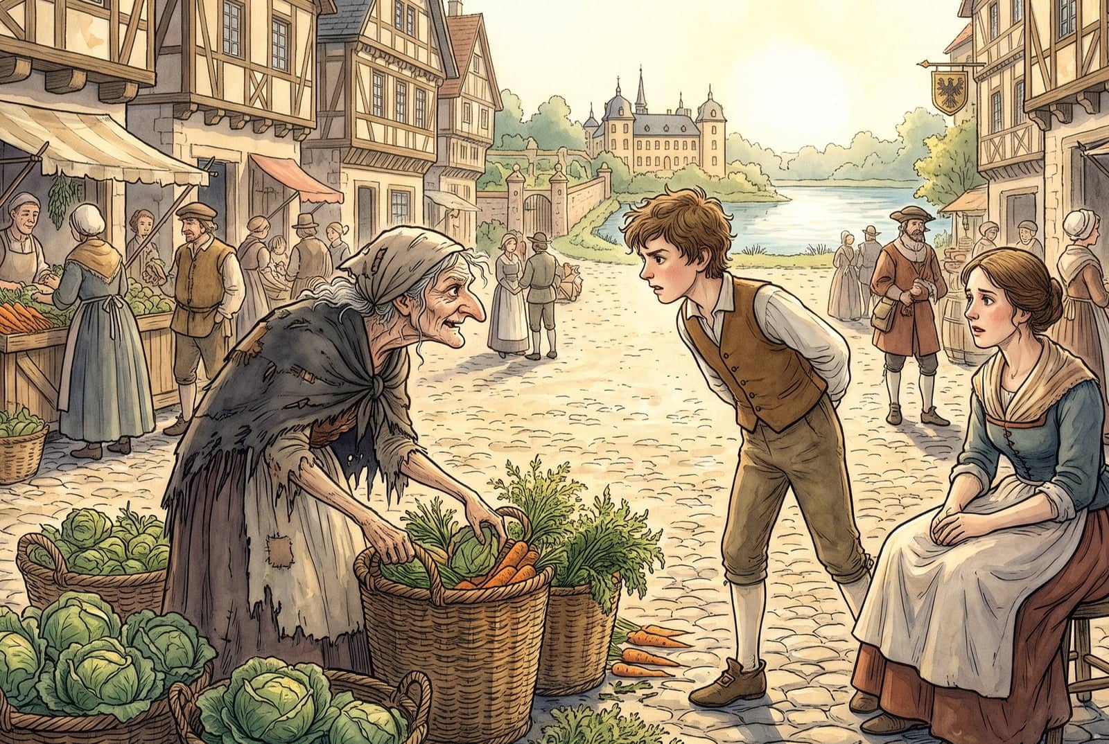 Auf dem Markt greift eine Alte mit langer, krummer Nase in einen Korb mit Möhren und Kohl, ein Junge beugt sich zu ihr, die Mutter sitzt daneben.