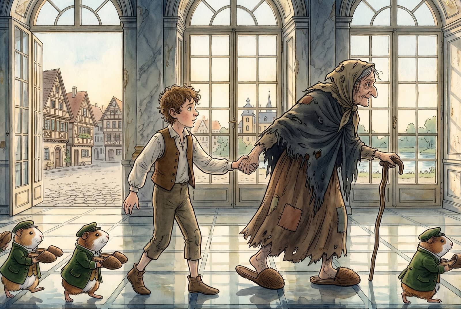 Jakob geht an der Hand der Alten mit Kopftuch und Stock durch einen hellen Saal, Meerschweinchen in grünen Jacken tragen Pantoffeln.