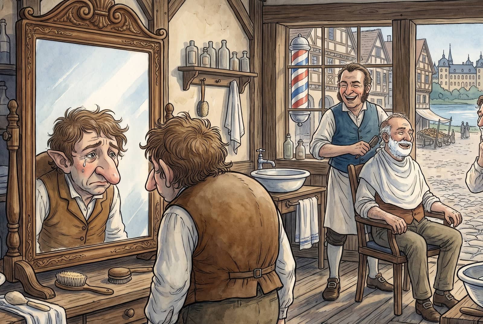 Jakob steht mit Buckel und langer Nase vor dem Spiegel einer Barbierstube und weint, hinter ihm lachen der Barbier und ein bärtiger Kunde.