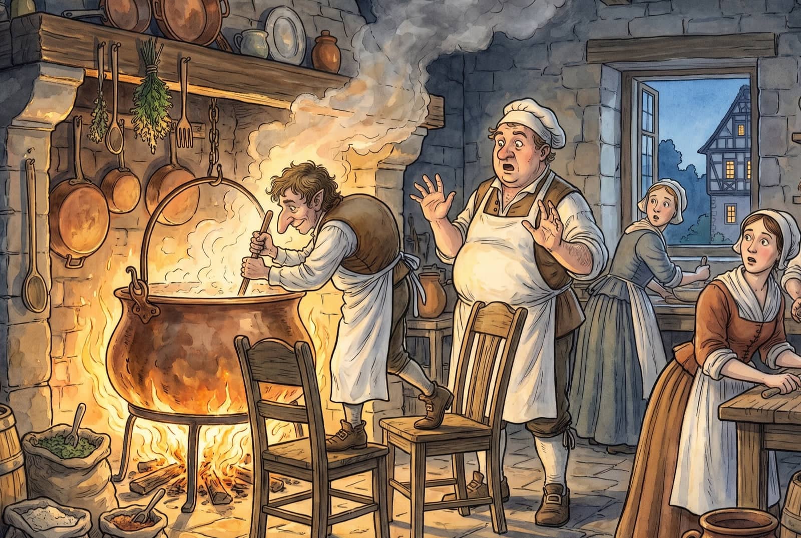 Der Zwerg steht auf zwei Stühlen und rührt in einem großen Kupferkessel überm Feuer, der Koch und zwei Mägde schauen verblüfft zu.