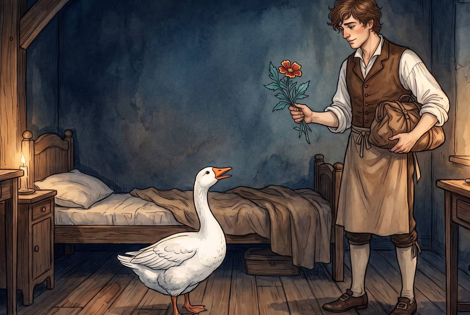 Ein großer, schöner junger Mann mit einem Bündel unter dem Arm hält das Kraut mit der roten, gelb geränderten Blüte, eine weiße Gans blickt freudig zu ihm auf.
