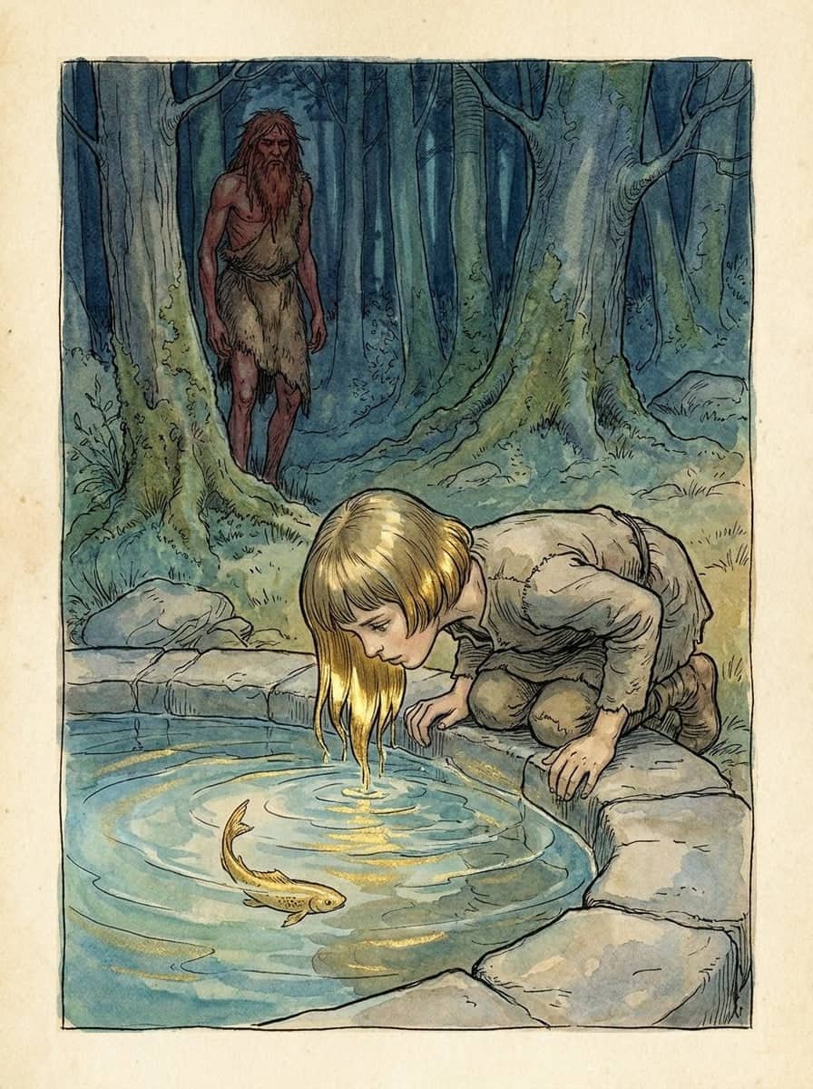 A boy kneels at a stone forest spring, the ends of his fair hair dipped in the water and turned gold, a golden fish below, a wild man watching from the trees.