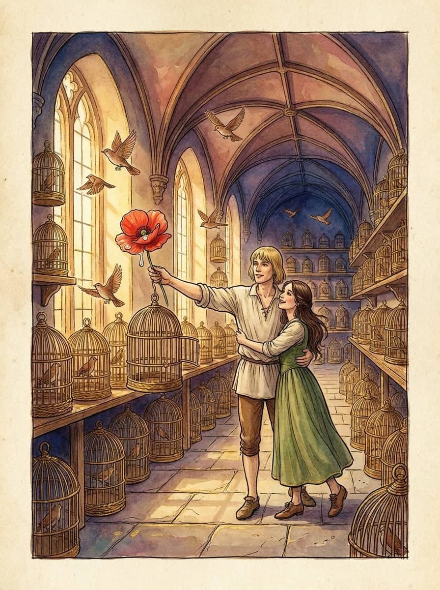 A fair-haired lad raises a red flower in a hall walled with wicker birdcages; a dark-haired girl in green holds him and small brown birds fly loose.