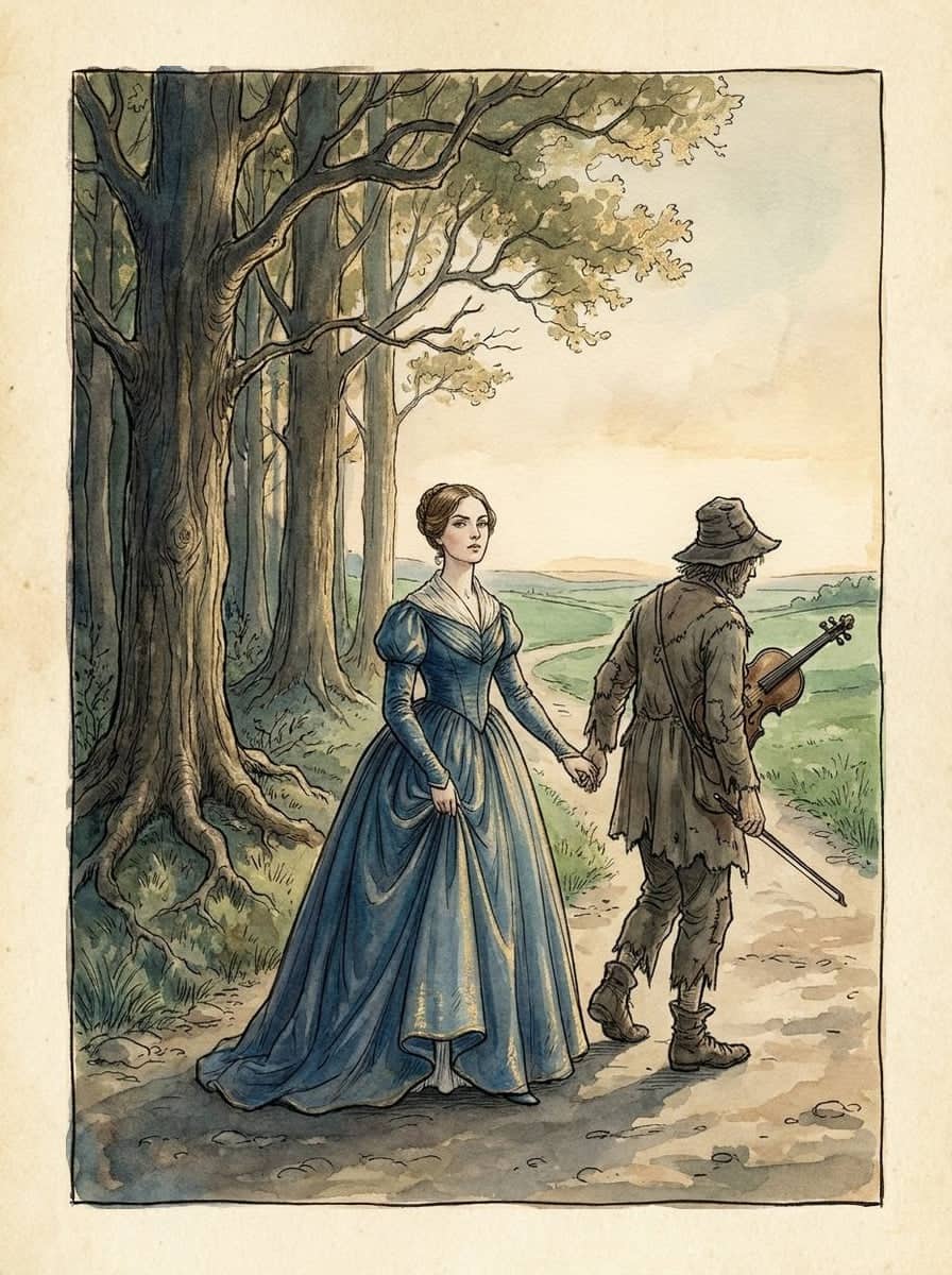Eine junge Frau in blauem Seidenkleid geht auf einem Waldweg an der Hand eines zerlumpten Mannes mit Geige, der ihr vorausgeht und das Gesicht abwendet.