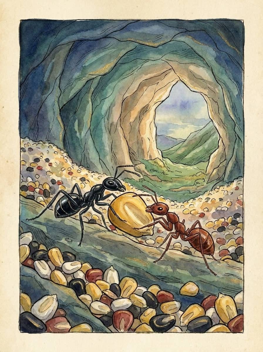 Dentro de una cueva de roca verde azulada, una hormiga negra y una hormiga roja empujan un gran grano de maíz dorado entre montones de granos de cuatro colores.