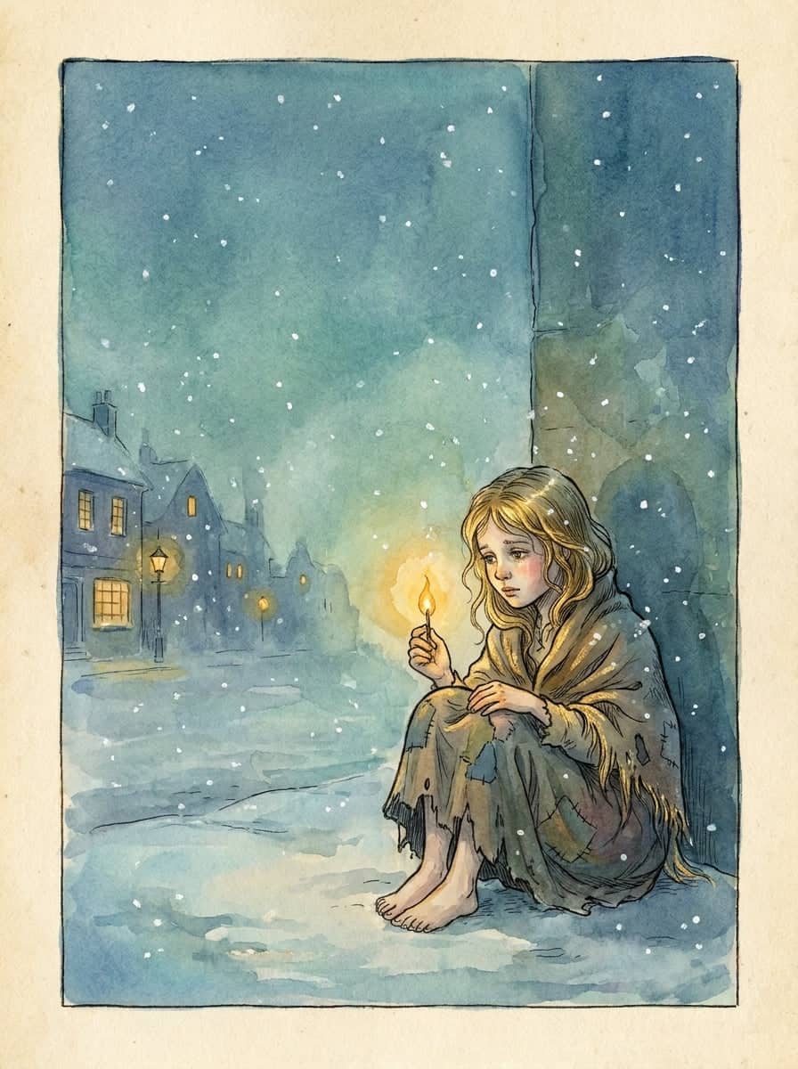 Uma menina descalça se encolhe numa esquina nevada em noite de inverno e acende um fósforo cujo brilho lhe ilumina o rosto.