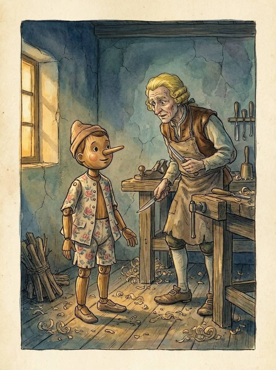 Eine kleine Holzpuppe in geblümter Jacke und kurzer Hose steht in einer kargen Werkstatt, ein alter Mann mit gelber Perücke und Messer beugt sich zu ihr.