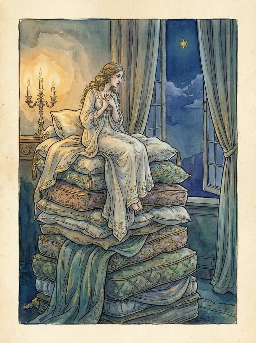 Uma princesa de camisola passa a noite acordada no alto de uma pilha altíssima de colchões e edredons junto a uma janela com cortinas.
