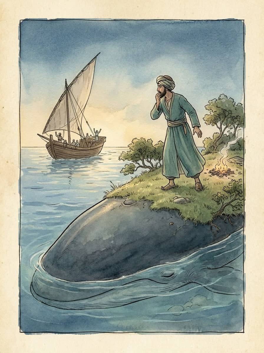 A man in a green robe stands on a grassy islet beside a small fire; under the grass the islet is a whale’s back, and men on a dhow offshore wave at him.