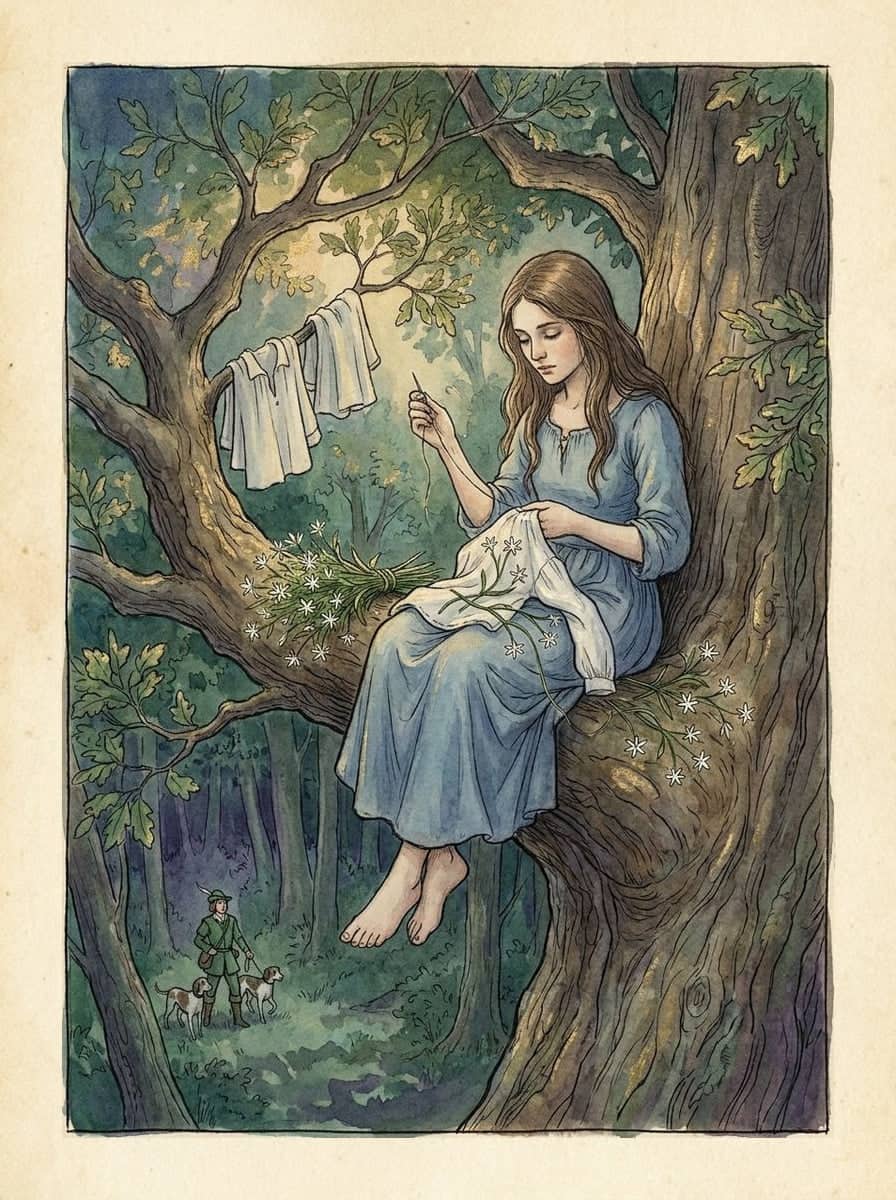 A barefoot girl in a blue dress sits high on an oak branch, sewing a white shirt with starwort flowers while a huntsman and two hounds stand far below.