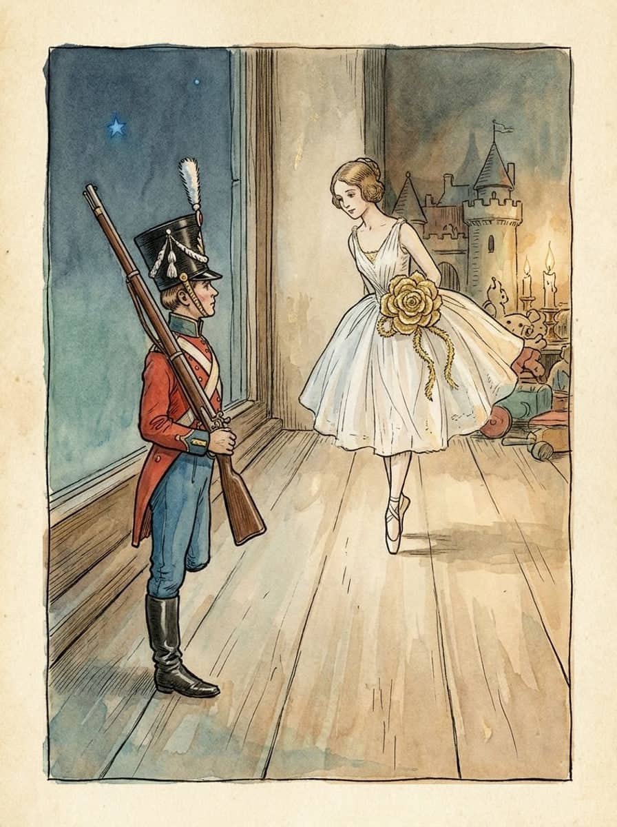 Un soldadito de plomo con una sola pierna está firme sobre el piso junto a una ventana, de noche, y mira a una bailarina de papel que está de puntillas.