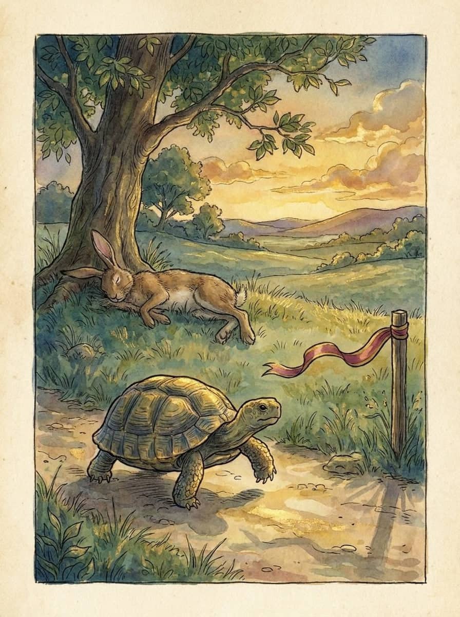 Une tortue avance sur un sentier ensoleillé, un lièvre dort dans l’herbe sous un grand arbre, et un piquet à ruban rose attend au bord du pré.