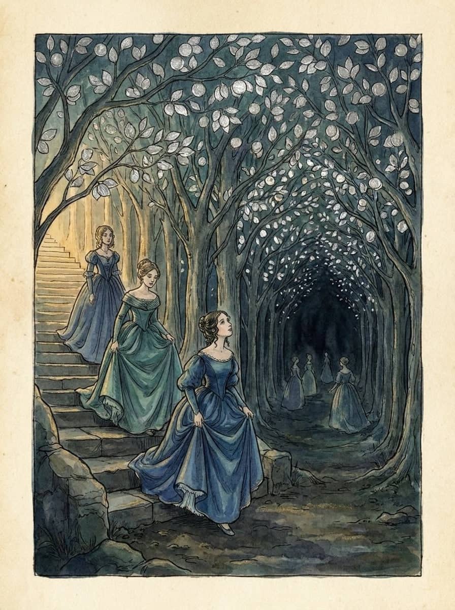 Drei Königstöchter im Ballkleid steigen eine Steintreppe zu einer Allee mit silbernen Blättern hinab, weitere Schwestern gehen im Hintergrund davon.