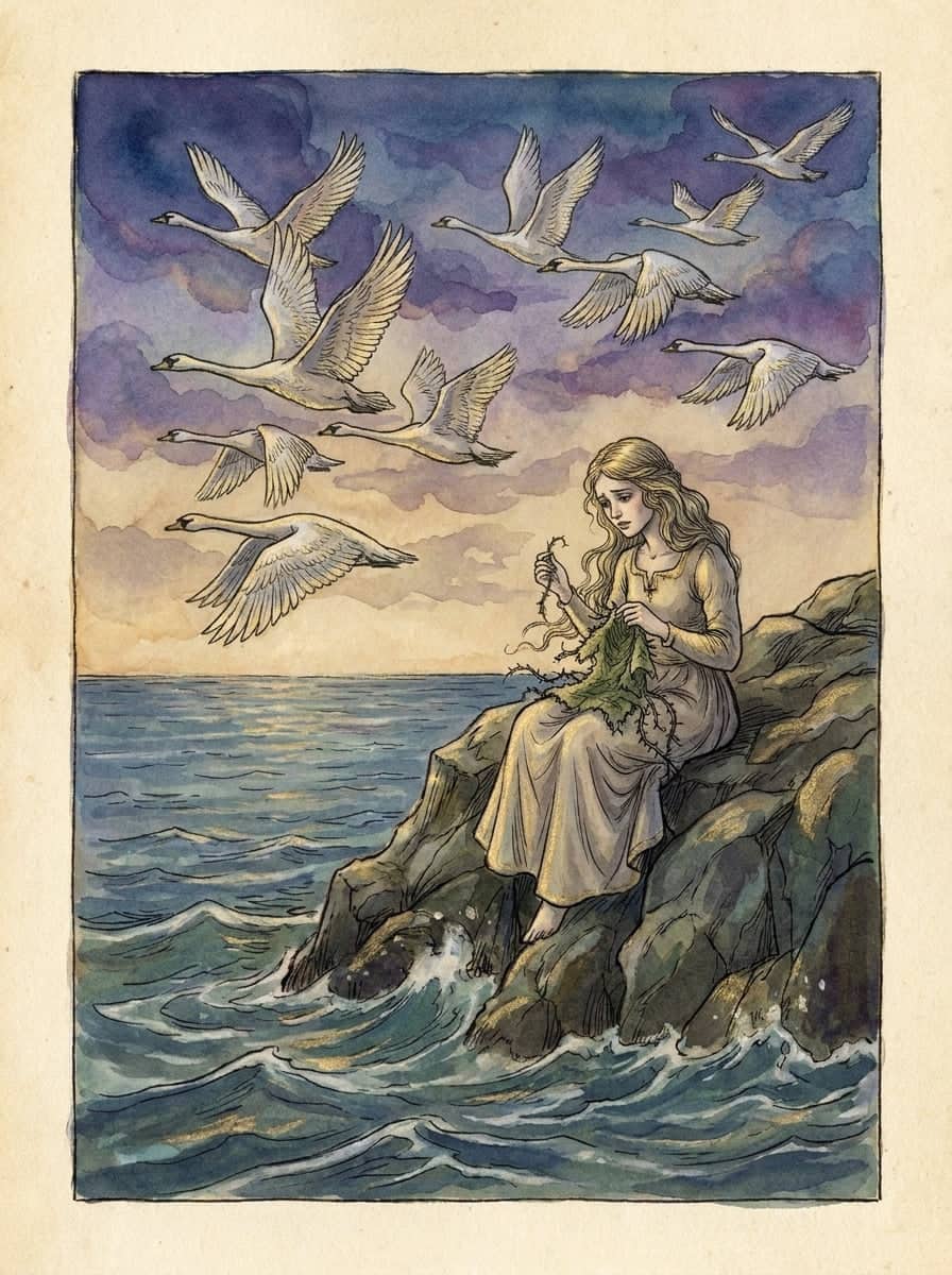 A young princess sits on sea-washed rocks weaving a shirt of nettles as wild swans fly past across the twilight sky above her.