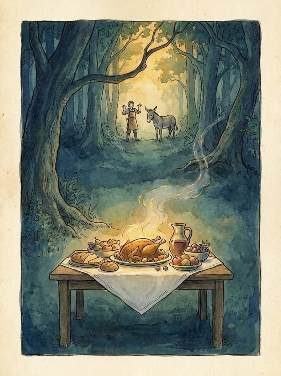 Ein gedecktes Wunschtischlein mit Braten, Brot und Wein steht in einer Waldlichtung, daneben ein staunender Geselle, ein Esel und ein Sack.